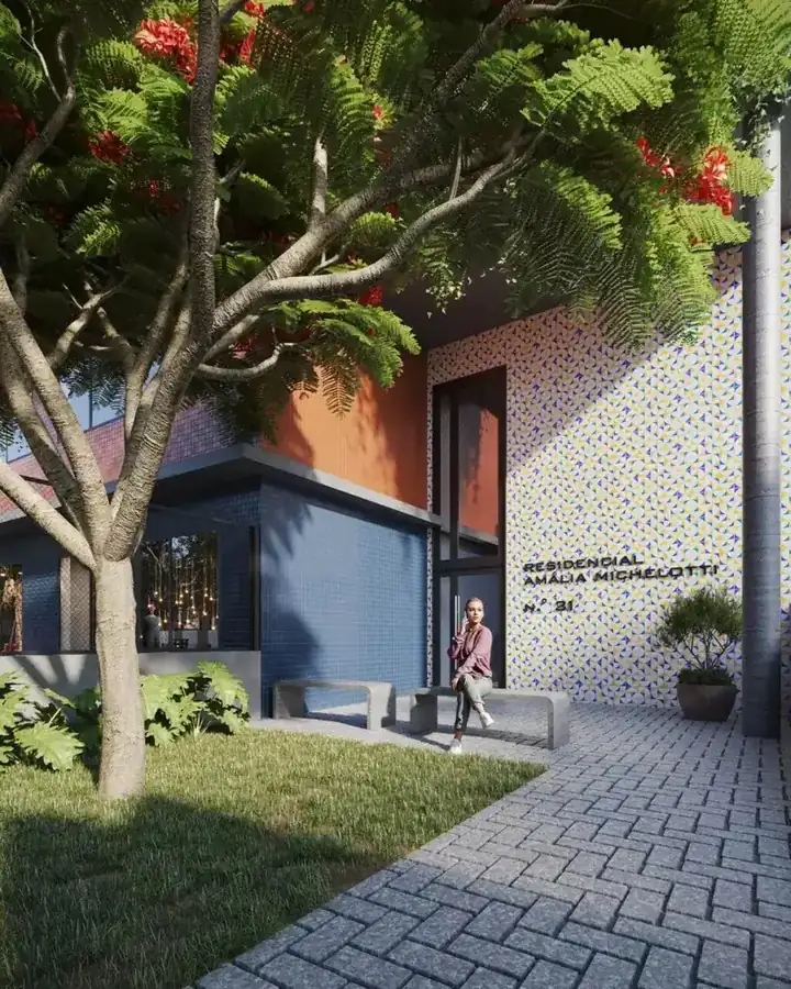 Entrada ajardinada com o letreiro Residencial Amália Michelotti nº 31