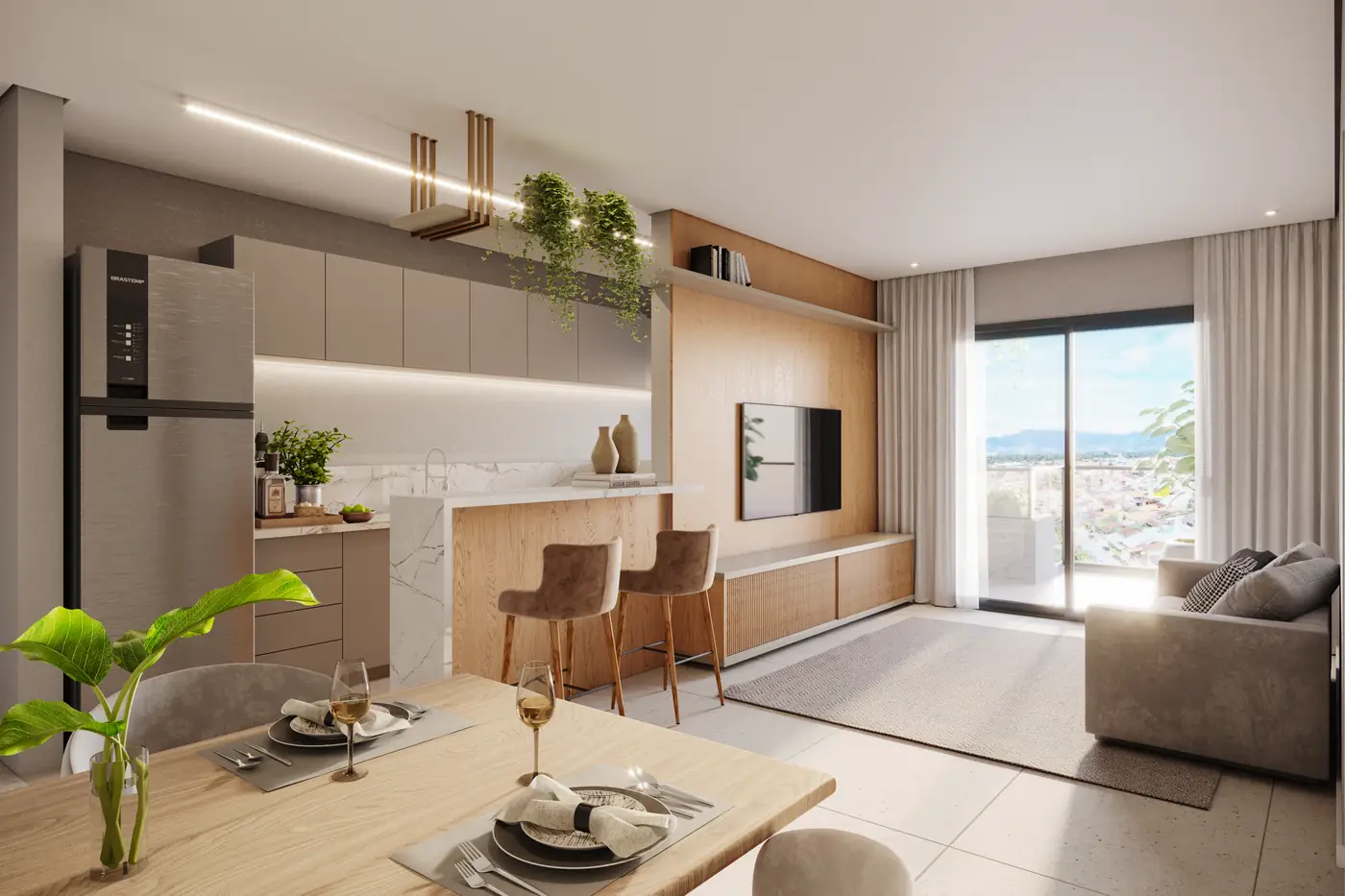 Cozinha americana integrada ao living, com vista pela sacada