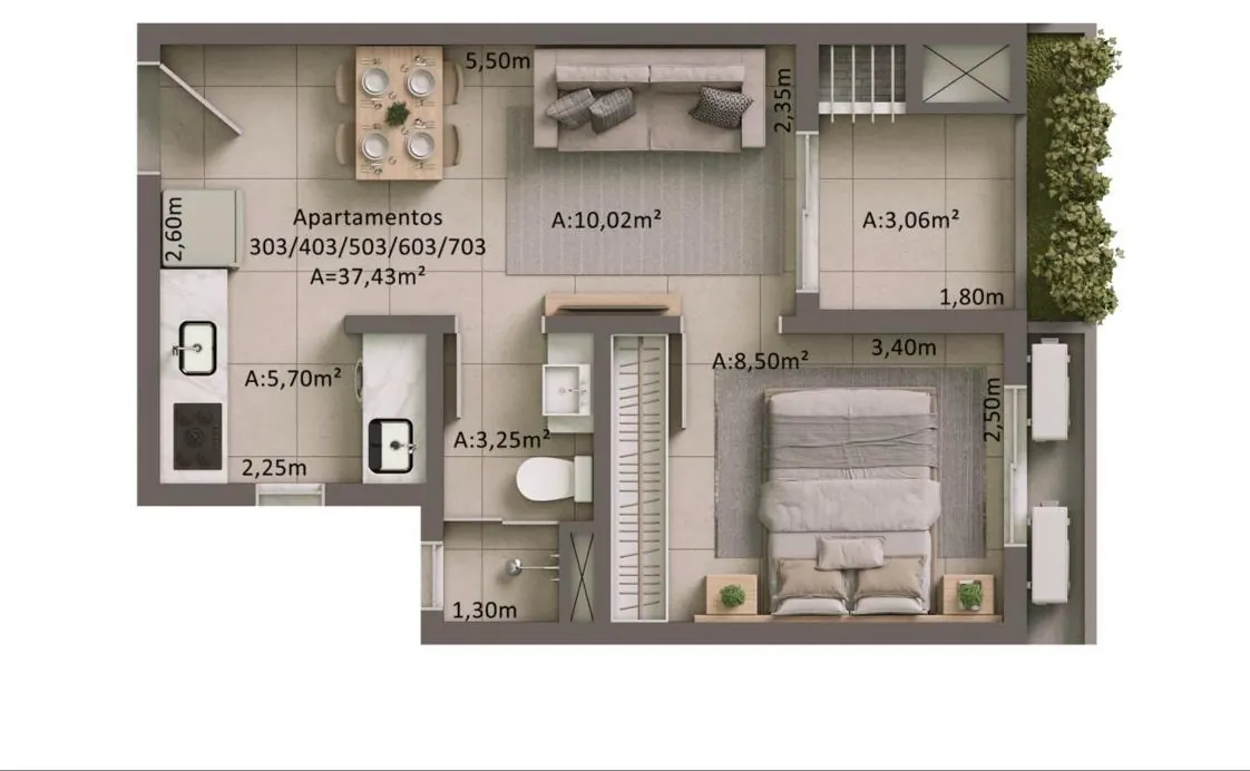Planta humanizada do apartamento de 1 dormitório, 37,43 m²