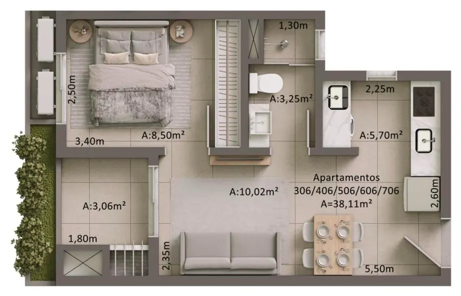 Planta humanizada do apartamento de 1 dormitório de canto, 38,11 m²