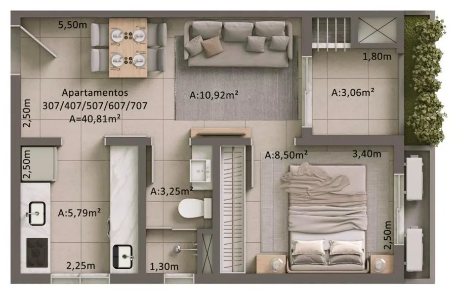 Planta humanizada do apartamento de 1 dormitório, 40,81 m²