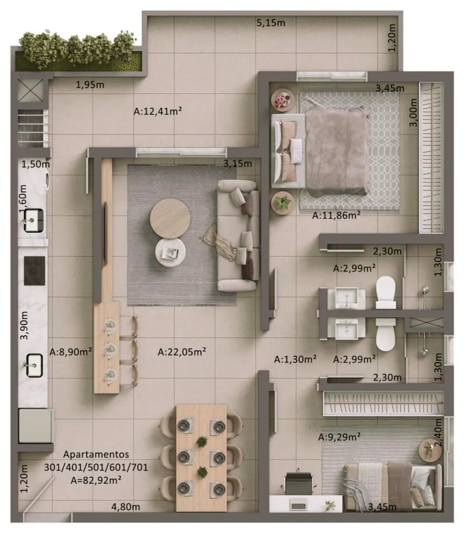 Planta humanizada do apartamento de 2 dormitórios com suíte, 82,92 m²